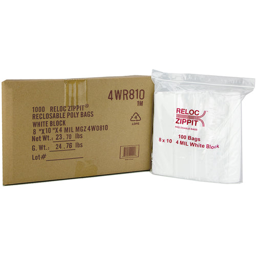 8″ × 10″ 4-MIL White Block Reloc Zippit Zipper Bags, Sold per Case of 1000 (10 boxes of 100 per case)