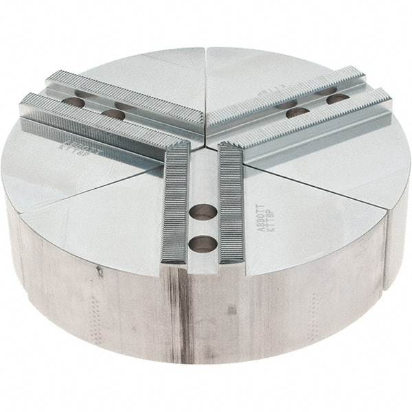 Abbott Workholding Products - 8" Max Chuck Capacity, 1.5mm x 60° Serrated Interface, Round Soft Lathe Chuck Jaw - 3 Jaw, Aluminum, 0.9843" Btw Mount Hole Ctrs, 8" Wide, 2" High, 12mm Fastener - Apex Tool & Supply