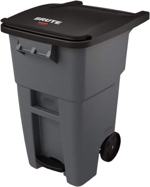 Rubbermaid - 50 Gal Gray Rectangle Trash Can - Plastic, None Graphic, 39.58" High x 24" Wide, Lid Included - Apex Tool & Supply