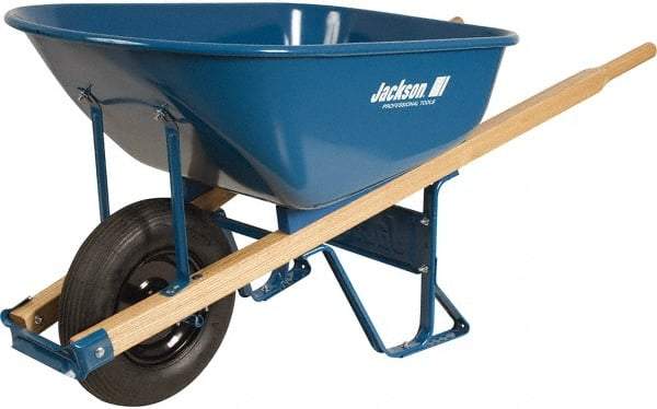 Jackson Professional Tools - 6 Cu Ft Capacity Wheelbarrow with 16" Pneumatic Wheel - Wood Handle, 58-3/4" Long x 25-1/2" Wide x 27" High, Blue - Apex Tool & Supply