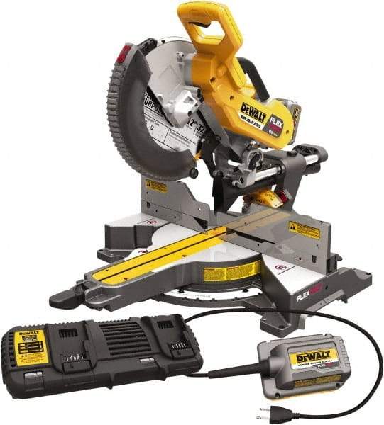 DeWALT - 15 Amp, 120 Volt, 3,800 RPM, 60° Right & 50° Left Double Bevel Sliding Miter Saw - 5/8 or 1" Arbor, 12" Blade Diam, Includes DHS790 Sliding Miter Saw, (2) DCB606 FLEXVOLT Batteries, DCA120 120V Adaptor & DCA132 Charger - Apex Tool & Supply