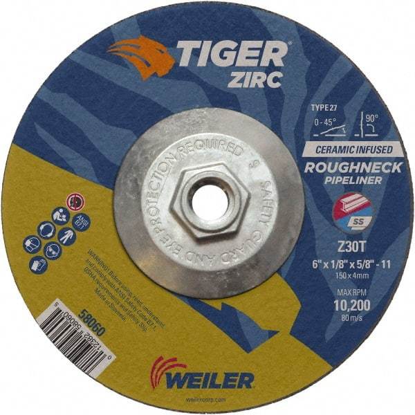 Weiler - 30 Grit, 6" Wheel Diam, 1/8" Wheel Thickness, Type 27 Depressed Center Wheel - Medium Grade, Zirconia Alumina, Resinoid Bond, T Hardness, 10,200 Max RPM - Apex Tool & Supply