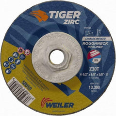 Weiler - 30 Grit, 4-1/2" Wheel Diam, 1/8" Wheel Thickness, Type 27 Depressed Center Wheel - Medium Grade, Zirconia Alumina, Resinoid Bond, T Hardness, 13,300 Max RPM - Apex Tool & Supply