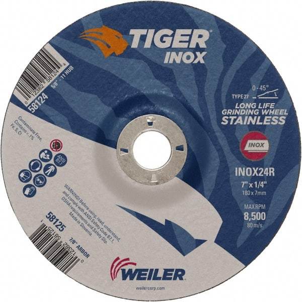 Weiler - 24 Grit, 7" Wheel Diam, 1/4" Wheel Thickness, 7/8" Arbor Hole, Type 27 Depressed Center Wheel - Coarse Grade, Aluminum Oxide, Resinoid Bond, R Hardness, 8,500 Max RPM - Apex Tool & Supply