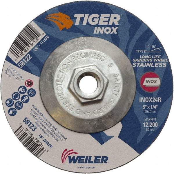 Weiler - 24 Grit, 5" Wheel Diam, 1/4" Wheel Thickness, Type 27 Depressed Center Wheel - Coarse Grade, Aluminum Oxide, Resinoid Bond, R Hardness, 12,200 Max RPM - Apex Tool & Supply