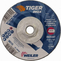 Weiler - 30 Grit, 4-1/2" Wheel Diam, 1/8" Wheel Thickness, Type 27 Depressed Center Wheel - Medium Grade, Aluminum Oxide, Resinoid Bond, T Hardness, 13,300 Max RPM - Apex Tool & Supply