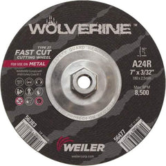 Weiler - 24 Grit, 7" Wheel Diam, 3/32" Wheel Thickness, Type 27 Depressed Center Wheel - Coarse Grade, Aluminum Oxide, Resinoid Bond, R Hardness, 8,500 Max RPM - Apex Tool & Supply