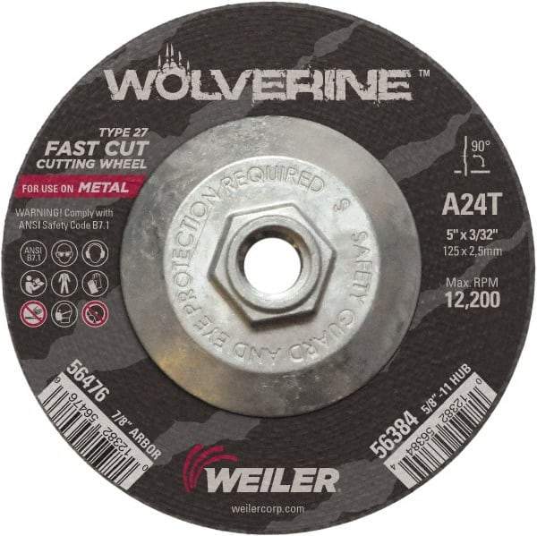 Weiler - 24 Grit, 5" Wheel Diam, 3/32" Wheel Thickness, Type 27 Depressed Center Wheel - Coarse Grade, Aluminum Oxide, Resinoid Bond, T Hardness, 12,200 Max RPM - Apex Tool & Supply