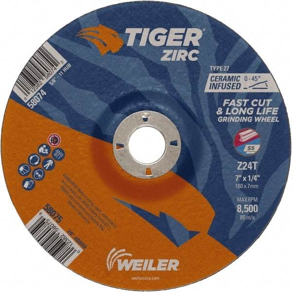 Weiler - 24 Grit, 7" Wheel Diam, 1/4" Wheel Thickness, 7/8" Arbor Hole, Type 27 Depressed Center Wheel - Coarse Grade, Zirconia Alumina, Resinoid Bond, T Hardness, 8,500 Max RPM - Apex Tool & Supply