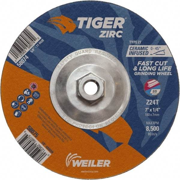 Weiler - 24 Grit, 7" Wheel Diam, 1/4" Wheel Thickness, Type 27 Depressed Center Wheel - Coarse Grade, Zirconia Alumina, Resinoid Bond, T Hardness, 8,500 Max RPM - Apex Tool & Supply