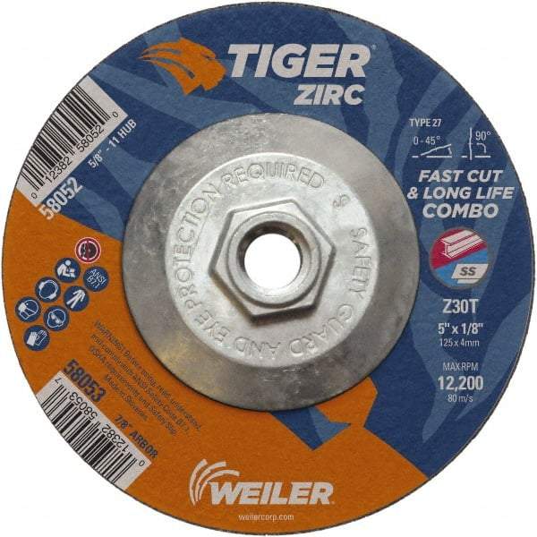 Weiler - 30 Grit, 5" Wheel Diam, 1/8" Wheel Thickness, Type 27 Depressed Center Wheel - Medium Grade, Zirconia Alumina, Resinoid Bond, T Hardness, 12,200 Max RPM - Apex Tool & Supply
