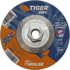 Weiler - 30 Grit, 5" Wheel Diam, 1/8" Wheel Thickness, Type 27 Depressed Center Wheel - Medium Grade, Zirconia Alumina, Resinoid Bond, T Hardness, 12,200 Max RPM - Apex Tool & Supply