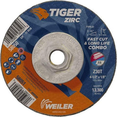 Weiler - 30 Grit, 4-1/2" Wheel Diam, 1/8" Wheel Thickness, Type 27 Depressed Center Wheel - Medium Grade, Zirconia Alumina, Resinoid Bond, T Hardness, 13,300 Max RPM - Apex Tool & Supply