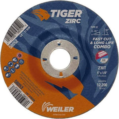 Weiler - 30 Grit, 5" Wheel Diam, 1/8" Wheel Thickness, 7/8" Arbor Hole, Type 27 Depressed Center Wheel - Medium Grade, Zirconia Alumina, Resinoid Bond, T Hardness, 12,200 Max RPM - Apex Tool & Supply