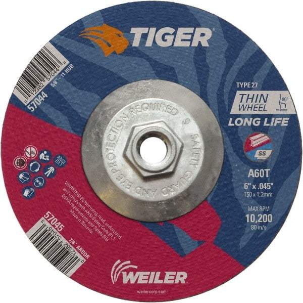 Weiler - 60 Grit, 6" Wheel Diam, Type 27 Depressed Center Wheel - Medium Grade, Aluminum Oxide, Resinoid Bond, T Hardness, 10,200 Max RPM - Apex Tool & Supply