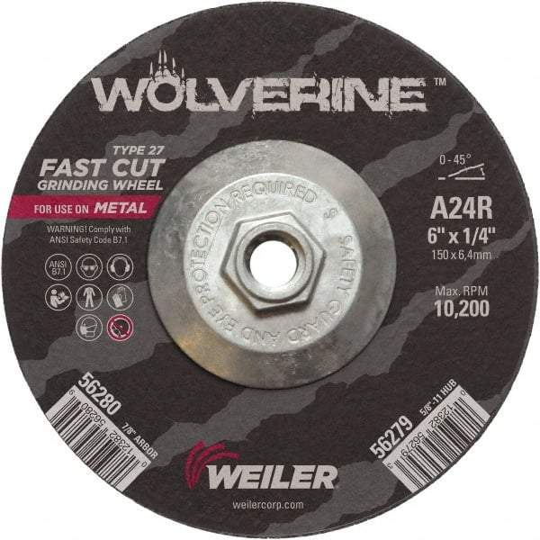 Weiler - 24 Grit, 6" Wheel Diam, 1/4" Wheel Thickness, Type 27 Depressed Center Wheel - Coarse Grade, Aluminum Oxide, Resinoid Bond, R Hardness, 10,200 Max RPM - Apex Tool & Supply