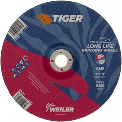 Weiler - 24 Grit, 9" Wheel Diam, 1/4" Wheel Thickness, 7/8" Arbor Hole, Type 27 Depressed Center Wheel - Coarse Grade, Aluminum Oxide, Resinoid Bond, R Hardness, 6,600 Max RPM - Apex Tool & Supply