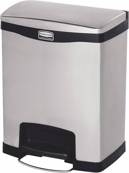 Rubbermaid - 8 Gal Rectangle Unlabeled Trash Can - 21.86" High x 16-7/8" Long, Chrome, Black, Metal - Apex Tool & Supply