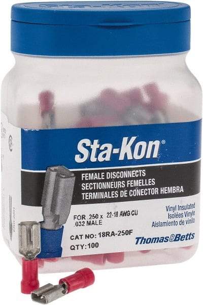 Thomas & Betts - 22 to 18 AWG, Vinyl, Fully Insulated, Female Wire Disconnect - 1/4 Inch Wide Tab, Red, CSA Certified, RoHS Compliant, UL 94 V-0, UL File E66716, UL Listed - Apex Tool & Supply