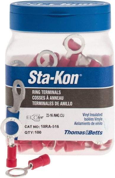 Thomas & Betts - 22-16 AWG Partially Insulated Crimp Connection D Shaped Ring Terminal - 5/16" Stud, 1.13" OAL x 1/2" Wide, Tin Plated Copper Contact - Apex Tool & Supply