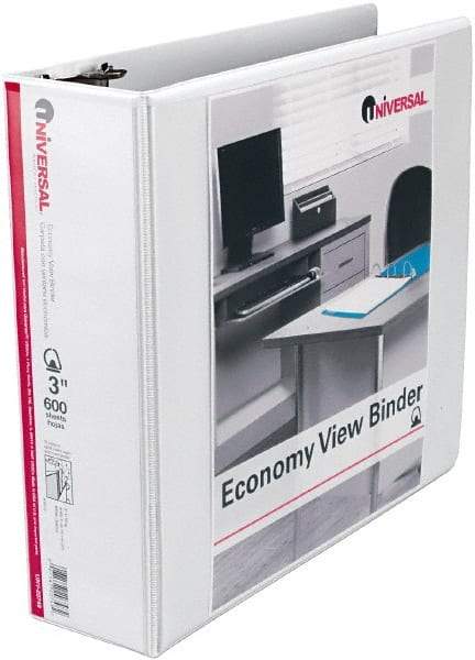 UNIVERSAL - 3" Sheet Capacity, 11 x 8-1/2", View Ring Binder - Vinyl, White - Apex Tool & Supply