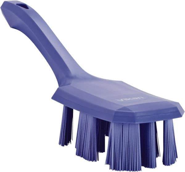 Vikan - 2-3/4" Bristle Length, Polyester Scrub Brush - 8" Long x 2-7/8" Wide Head, 10" OAL, Short Handle, Purple, Polypropylene Block - Apex Tool & Supply
