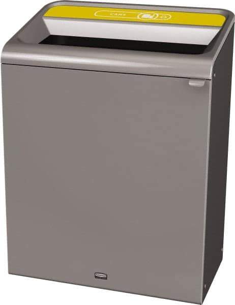 Rubbermaid - 45 Gal Gray Rectangle Decorative Indoor Single Stream Waste Receptacle - Metal, Cans Graphic, 37.965" High x 29.132" Long x 19-1/2" Wide, Lid Included - Apex Tool & Supply
