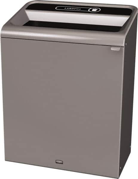 Rubbermaid - 45 Gal Gray Rectangle Decorative Indoor Single Stream Waste Receptacle - Metal, Landfill Graphic, 37.965" High x 29.132" Long x 19-1/2" Wide, Lid Included - Apex Tool & Supply