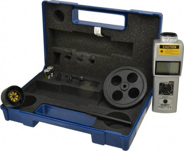 SHIMPO - Accurate up to 0.006 +/- 1% Digit (6 RPM Max) (25,000 to 99,999 RPM), 1 RPM Resolution, Contact and Noncontact Tachometer - 6.5945 Inch Long x 2.3622 Inch Wide x 1.811 Inch Meter Thick, 6 to 99,999 RPM Measurement - Apex Tool & Supply