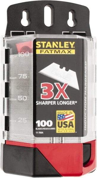 Stanley - 100 Piece High Carbon Steel Utility Knife Blade - 2-7/16" OAL, 0.024" Blade Thickness - Apex Tool & Supply