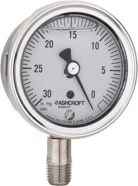 Ashcroft - 2-1/2" Dial, 1/4 Thread, 30-0 Scale Range, Pressure Gauge - Lower Connection Mount, Accurate to 1% of Scale - Apex Tool & Supply