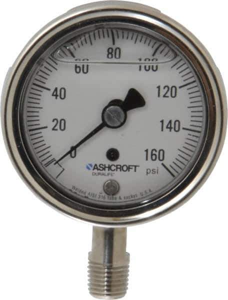 Ashcroft - 2-1/2" Dial, 1/4 Thread, 0-160 Scale Range, Pressure Gauge - Lower Connection Mount, Accurate to 1% of Scale - Apex Tool & Supply