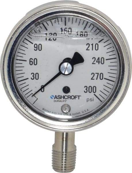 Ashcroft - 2-1/2" Dial, 1/4 Thread, 0-300 Scale Range, Pressure Gauge - Lower Connection Mount, Accurate to 1% of Scale - Apex Tool & Supply