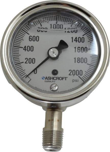 Ashcroft - 2-1/2" Dial, 1/4 Thread, 0-2,000 Scale Range, Pressure Gauge - Lower Connection Mount, Accurate to 1% of Scale - Apex Tool & Supply