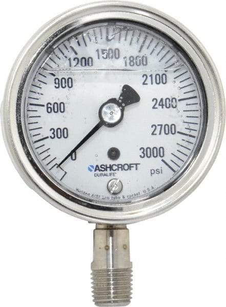 Ashcroft - 2-1/2" Dial, 1/4 Thread, 0-3,000 Scale Range, Pressure Gauge - Lower Connection Mount, Accurate to 1% of Scale - Apex Tool & Supply