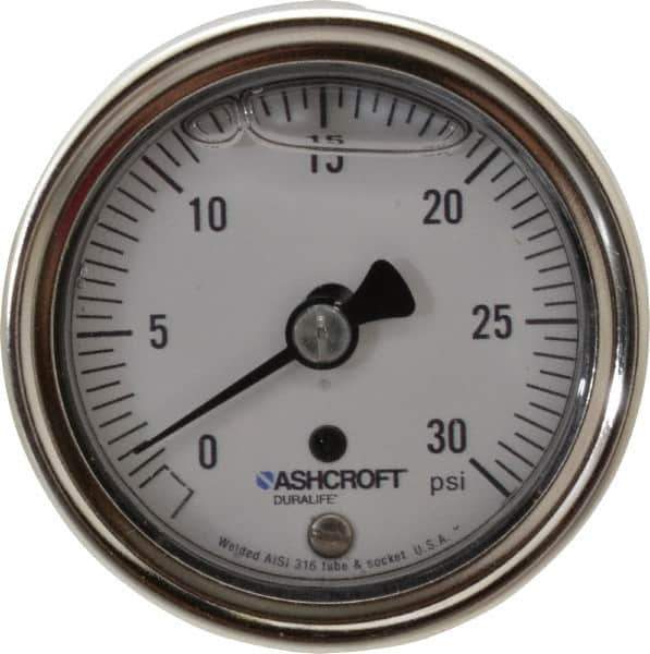 Ashcroft - 2-1/2" Dial, 1/4 Thread, 0-30 Scale Range, Pressure Gauge - Center Back Connection Mount, Accurate to 1% of Scale - Apex Tool & Supply
