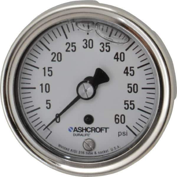 Ashcroft - 2-1/2" Dial, 1/4 Thread, 0-60 Scale Range, Pressure Gauge - Center Back Connection Mount, Accurate to 1% of Scale - Apex Tool & Supply