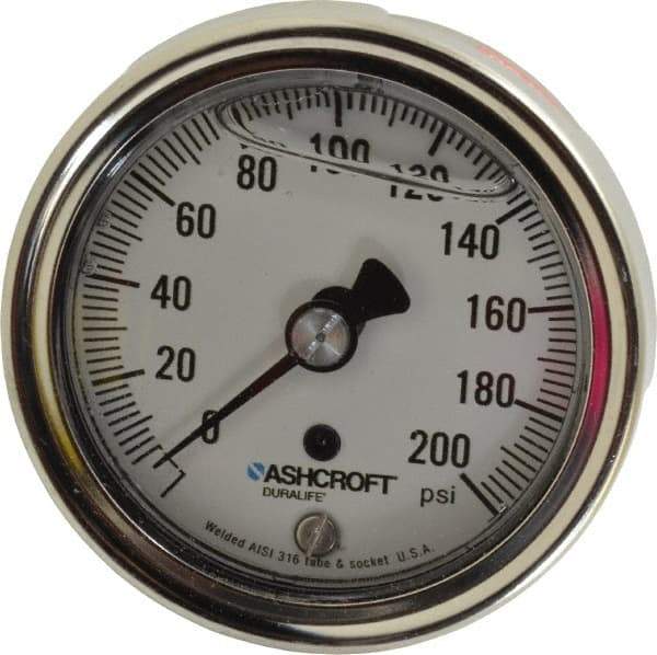 Ashcroft - 2-1/2" Dial, 1/4 Thread, 0-200 Scale Range, Pressure Gauge - Center Back Connection Mount, Accurate to 1% of Scale - Apex Tool & Supply