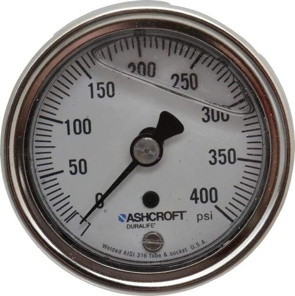 Ashcroft - 2-1/2" Dial, 1/4 Thread, 0-400 Scale Range, Pressure Gauge - Center Back Connection Mount, Accurate to 1% of Scale - Apex Tool & Supply