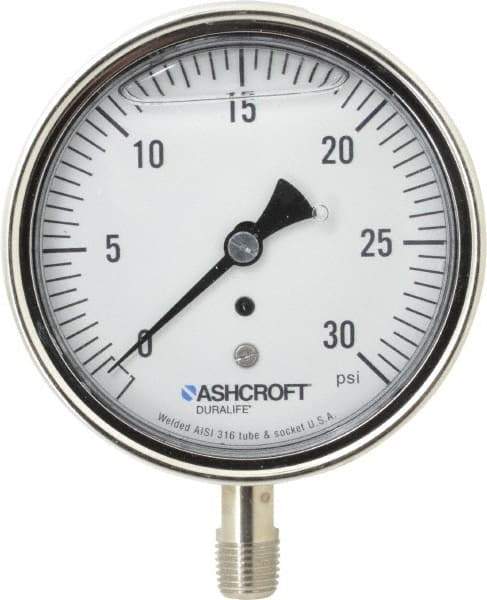 Ashcroft - 3-1/2" Dial, 1/4 Thread, 0-30 Scale Range, Pressure Gauge - Lower Connection Mount, Accurate to 1% of Scale - Apex Tool & Supply