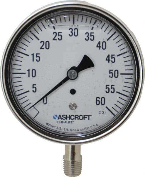 Ashcroft - 3-1/2" Dial, 1/4 Thread, 0-60 Scale Range, Pressure Gauge - Lower Connection Mount, Accurate to 1% of Scale - Apex Tool & Supply