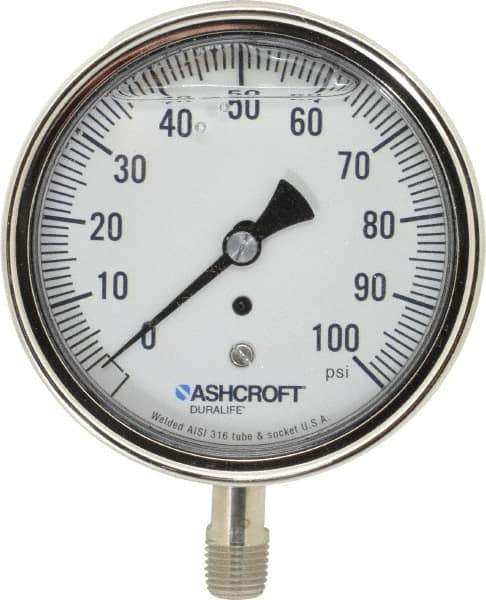 Ashcroft - 3-1/2" Dial, 1/4 Thread, 0-100 Scale Range, Pressure Gauge - Lower Connection Mount, Accurate to 1% of Scale - Apex Tool & Supply