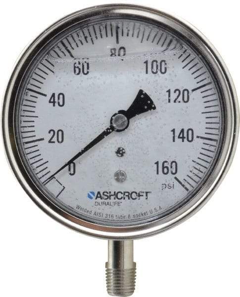 Ashcroft - 3-1/2" Dial, 1/4 Thread, 0-160 Scale Range, Pressure Gauge - Lower Connection Mount, Accurate to 1% of Scale - Apex Tool & Supply