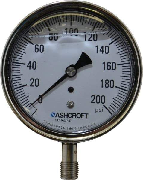 Ashcroft - 3-1/2" Dial, 1/4 Thread, 0-200 Scale Range, Pressure Gauge - Lower Connection Mount, Accurate to 1% of Scale - Apex Tool & Supply