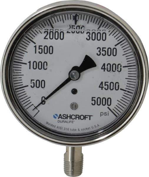 Ashcroft - 3-1/2" Dial, 1/4 Thread, 0-5,000 Scale Range, Pressure Gauge - Lower Connection Mount, Accurate to 1% of Scale - Apex Tool & Supply