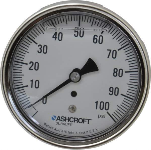 Ashcroft - 3-1/2" Dial, 1/4 Thread, 0-100 Scale Range, Pressure Gauge - Center Back Connection Mount, Accurate to 1% of Scale - Apex Tool & Supply