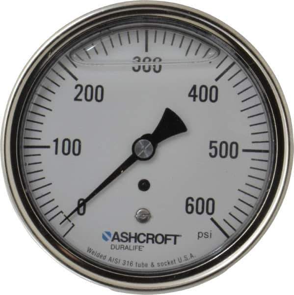 Ashcroft - 3-1/2" Dial, 1/4 Thread, 0-600 Scale Range, Pressure Gauge - Center Back Connection Mount, Accurate to 1% of Scale - Apex Tool & Supply