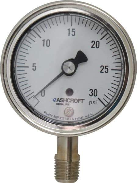 Ashcroft - 2-1/2" Dial, 1/4 Thread, 0-30 Scale Range, Pressure Gauge - Lower Connection Mount, Accurate to 1% of Scale - Apex Tool & Supply