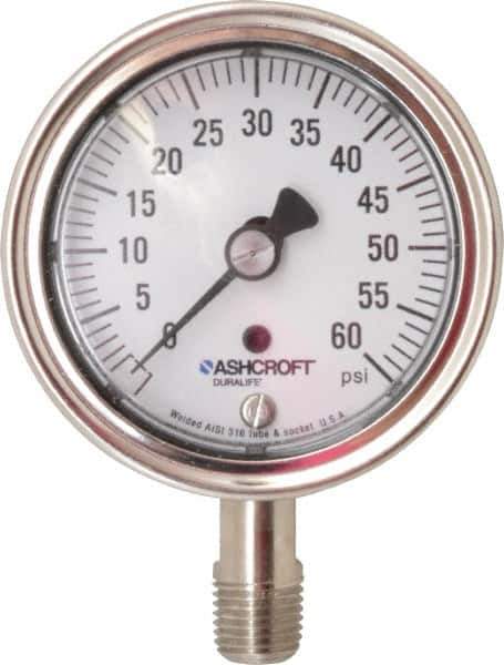 Ashcroft - 2-1/2" Dial, 1/4 Thread, 0-60 Scale Range, Pressure Gauge - Lower Connection Mount, Accurate to 1% of Scale - Apex Tool & Supply