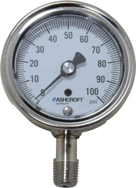 Ashcroft - 2-1/2" Dial, 1/4 Thread, 0-100 Scale Range, Pressure Gauge - Lower Connection Mount, Accurate to 1% of Scale - Apex Tool & Supply